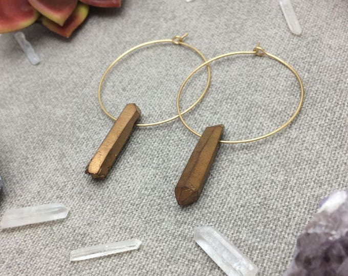 Bronze Quartz Crystal Hoop Earrings, Raw Quartz Point Earrings, Quartz Hoops, Quartz Earrings, Crystal Earrings, Raw Crystal Earrings