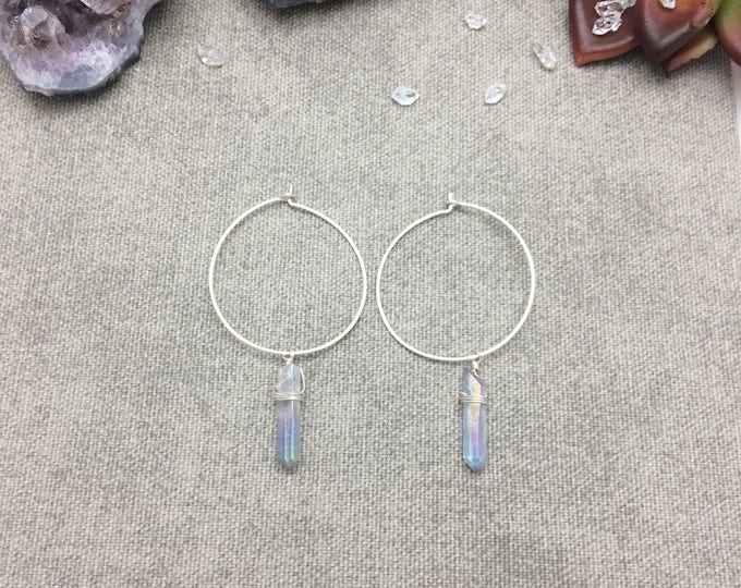 Gray Quartz Crystal Wire Wrapped Hoop Earrings, Rustic Clear Raw Quartz Crystal Point Rose Gold Filled Hoop Earrings