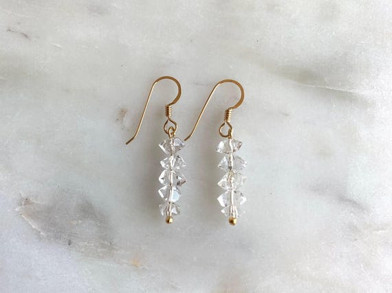 Herkimer Diamond Drop Earrings – Quartz Crystal Stack Dangles in Gold Filled or Sterling Silver
