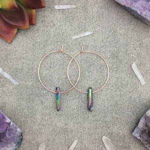Rainbow Titanium Quartz Crystal Hoop Earrings, Raw Quartz Point Earrings, Rose Gold Earrings, Rose Gold Hoops image 1