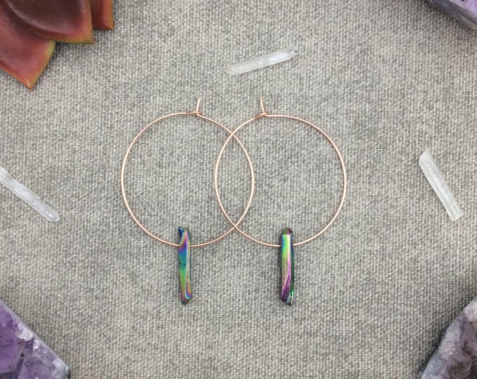 Rainbow Titanium Quartz Crystal Hoop Earrings, Raw Quartz Point Earrings, Rose Gold Earrings, Rose Gold Hoops