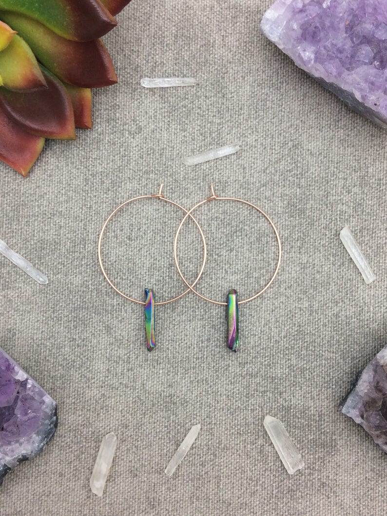 Rainbow Titanium Quartz Crystal Hoop Earrings, Raw Quartz Point Earrings, Rose Gold Earrings, Rose Gold Hoops image 1