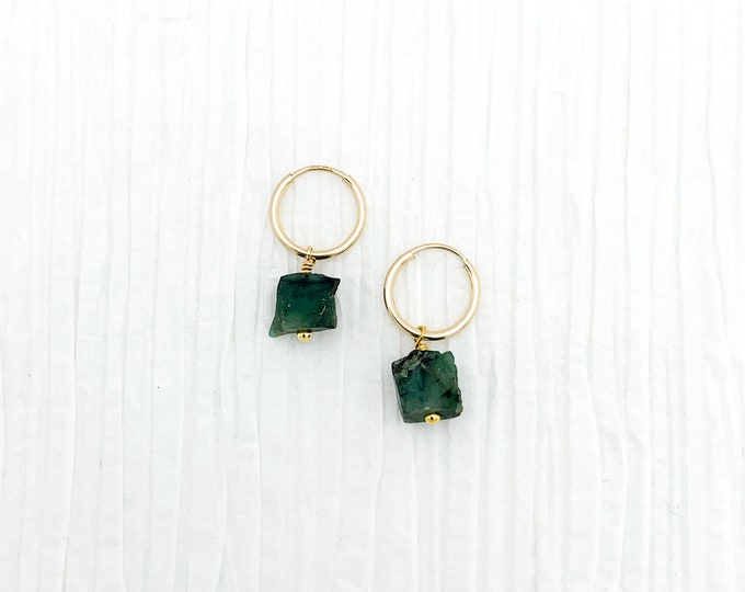 RAW EMERALD 14k Gold Filled Endless Hoop Earrings, Dainty Hoop Dangle Earrings