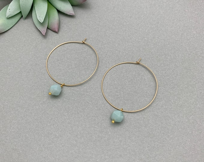 AMAZONITE / Or Choose Your Gemstone Star Faceted Dangle Gemstone Wire Wrapped Hoop Earrings
