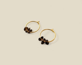 SMOKEY QUARTZ Chip Small Hoop Earrings, 14k Gold Filled, Rose Gold Filled, or Sterling Silver Tiny Hoop Earrings With Genuine Gemstone Bead