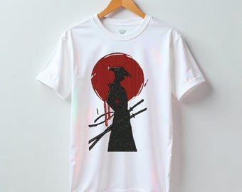 Samurai Silhouette Embroidery Design: Red Moon Japanese Warrior (Digital Download