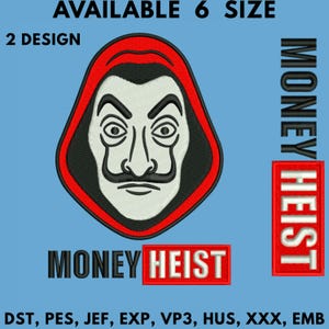 Op de afbeelding: Geborduurde patch met het iconische gezicht uit de serie "Money Heist" met een rode capuchon en zwarte omtrek. De tekst "MONEY HEIST" wordt in zwart en wit weergegeven. De afbeelding bevat ook de tekst "AVAILABLE 6 SIZE" en "2 DESIGN".