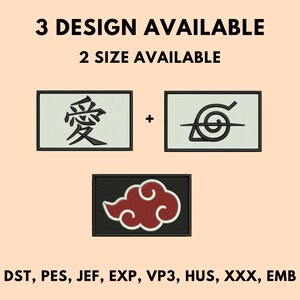 May include: Embroidered patches featuring three designs: a Japanese character, a spiral symbol, and a red cloud with a white border. Text states "3 DESIGN AVAILABLE" and "2 SIZE AVAILABLE". Various file formats are listed.
