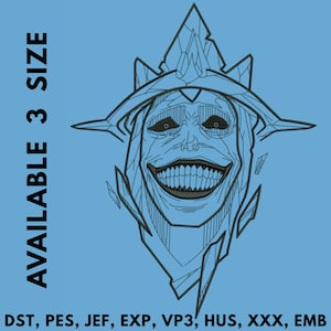 May include: A blue graphic design featuring a stylized face with a crown-like structure and a wide grin. The text "AVAILABLE 3 SIZE" is on the left side. Below the graphic are file format abbreviations.