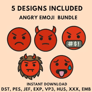 Lot de 5 motifs de broderie Emoji en colère, 5 visages expressifs (téléchargement numérique)