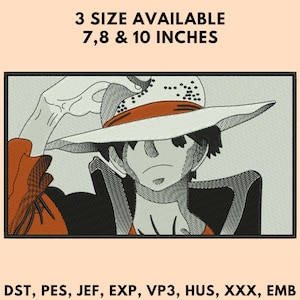 May include: Embroidered patch featuring a manga-style character wearing a straw hat. The design is in black, white, and orange, with the text "3 SIZE AVAILABLE 7,8 & 10 INCHES" above the image. The patch is available in 7, 8, and 10 inches.