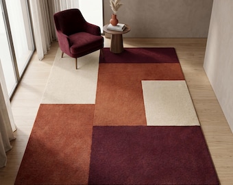 Hand Tufted Wool Rug, Burnt Orange and Burgundy Geometric Area Rug, Modern Mid Century Decor