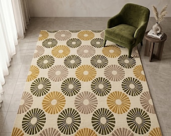Hand Tufted Wool Rug, Ivory Sage Green Retro Sunburst, Sculpted Mid Century Modern