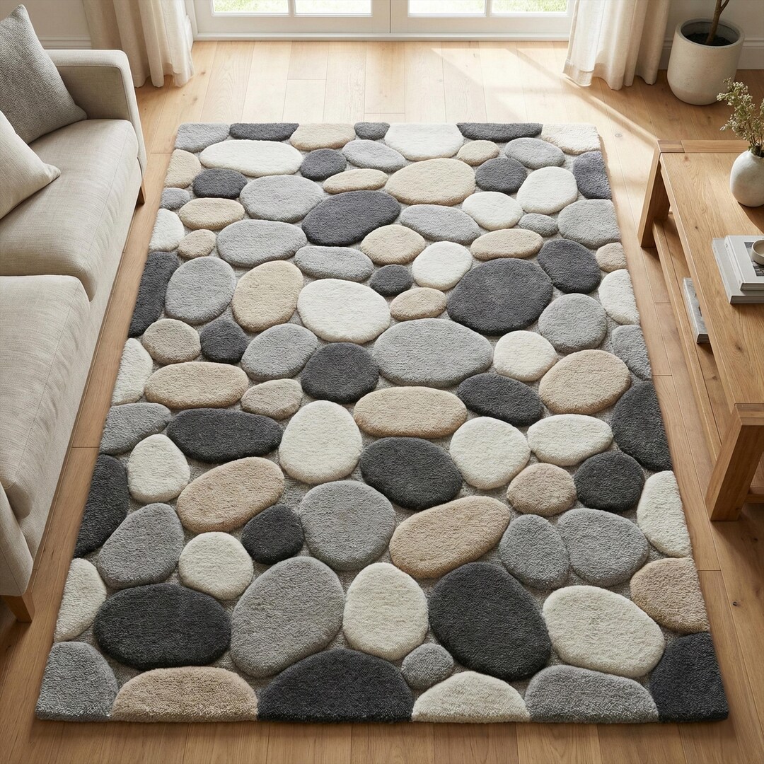 3D Pebble Wool Rug 8x10, Hand Tufted Cream Grey Stone Abstract Area ...