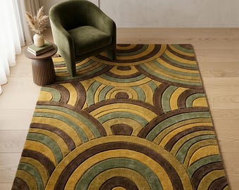 Hand Tufted Mid Century Rug, Geometric Arch Design, Retro Green Yellow Brown Living Room Carpet