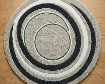 Hand Tufted Wool Rug, Modern Abstract Round Beige Grey Living Room Carpet
