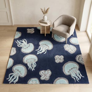 Hand Tufted Jellyfish Rug, Navy Blue Coastal Ocean Area Rug
