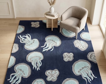 Hand Tufted Jellyfish Rug, Navy Blue Coastal Ocean Area Rug