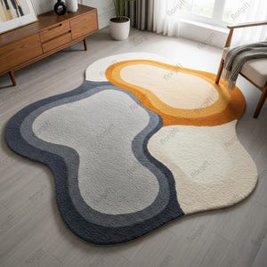 Multicolored Vibrant Irregular Hand Tufted Abstract Wool Area Rugs for Bedroom, Modern Layered Amoeba Shape Living Room Rug, Handmade Carpet