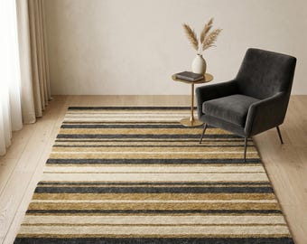 Hand Tufted Wool Rug, Ivory Charcoal Mustard Striped Carpet, Japandi Modern Area Rug