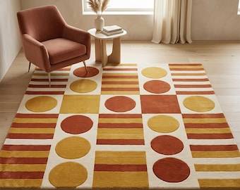 Hand Tufted Wool Area Rug with Geometric Pattern, Warm Terracotta Mustard Modern Living Room Carpet