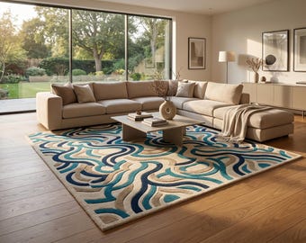 Hand Tufted Wool Rug, Ivory Cream Teal Blue Moroccan Wave, Modern Boho Coastal Living Room