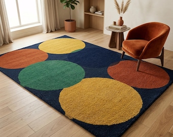 Hand Tufted Circle Design Rug, Blue Yellow Geometric Modern Area Rug