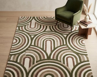 Hand Tufted Wool Rug Modern Geometric Area Rug Green Beige Carpet for Living Room Bedroom Decor