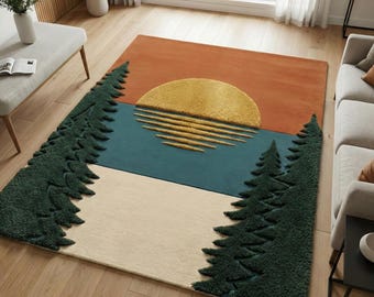 Forest Sunset Wool Rug, Hand Tufted 3D Landscape Area Rug, Nature Inspired Living Room Carpet