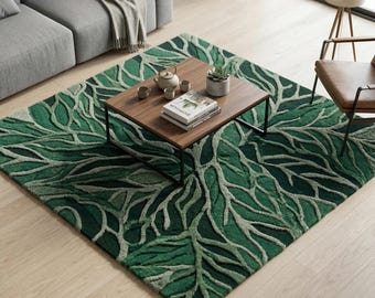 Hand Tufted Emerald Green Wool Rug, Modern Botanical Area Rugs for Bedroom