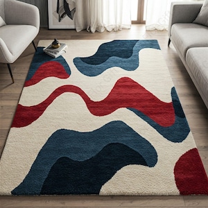 Hand Tufted Wave Wool Rug, Cream Blue Red Abstract Area Rugs for Living Room