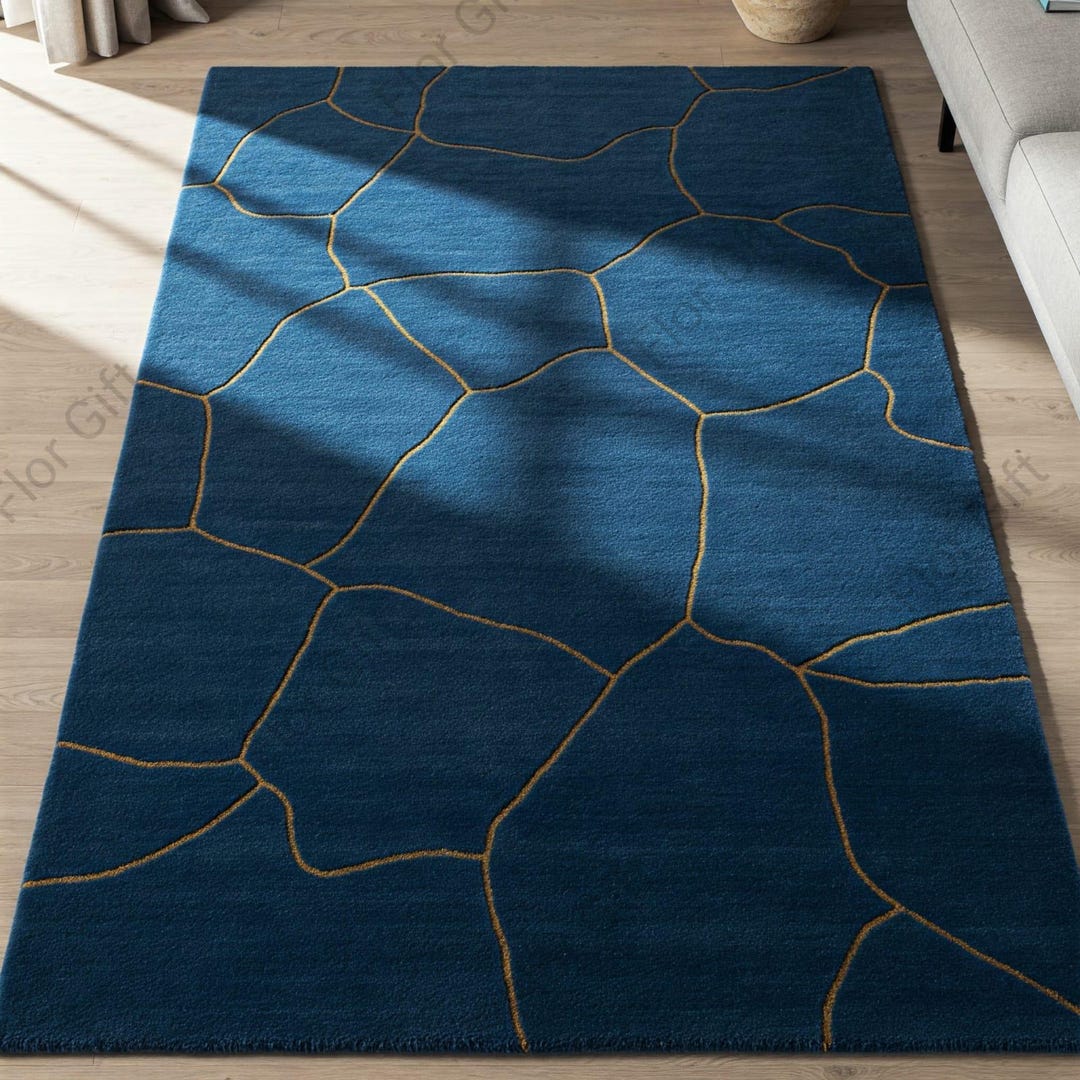 Navy Blue Gold Abstract Rug, Modern Hand Tufted 8x10 Wool Area Living ...
