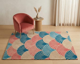 Hand Tufted Geometric Rug, Blue Pink Beige Modern Area Rug for Living Room