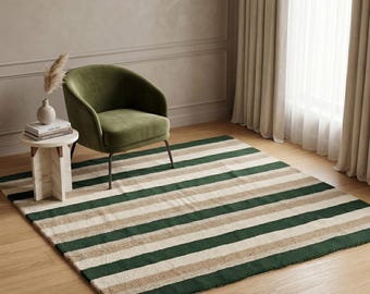 Hand Tufted Striped Wool Rug, Green Beige Modern Neutral Area Carpet