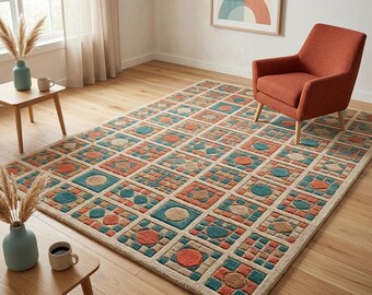 Hand Tufted Geometric Rug, Teal Coral Beige Modern Area Rug for Living Room