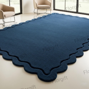 Blue Scalloped Wool Rug, Hand Tufted Solid Area Rugs for Living Room