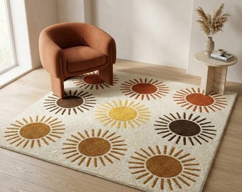 Hand Tufted Sunburst Wool Rug, Ivory Yellow Abstract Floral Living Room Rug