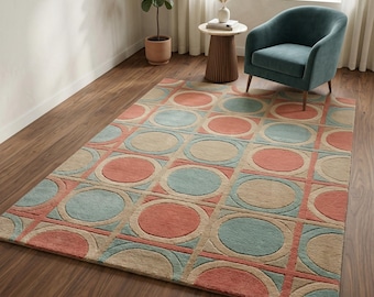 Hand Tufted Mid Century Rug, Coral Pink Green Circle Pattern Modern Wool Area Rug