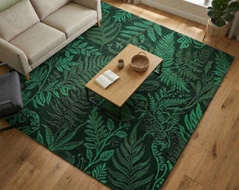 Green Fern Leaf Wool Rug, Hand Tufted Botanical Living Room Area Rug