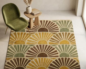 Hand Tufted Sunburst Rug, Cream Yellow Geometric Modern Area Rug