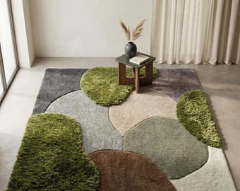 Hand Tufted Wool Rug Abstract Green Area Rug Plush Textured Modern Organic Shape Living Room Decor Gift