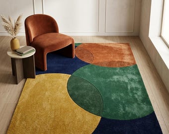 Colorful Hand Tufted Rug, Plush Geometric Design, Modern Boho Floor Carpet for Living Room or Bedroom