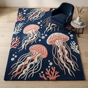 Jellyfish Wool Area Rug – Ocean Inspired Hand Tufted Carpet, Coastal Kids Room Decor, Soft Plush Artistic Floor Rug