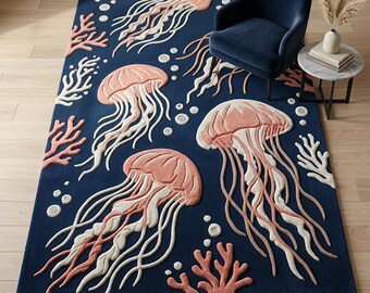 Jellyfish Wool Area Rug – Ocean Inspired Hand Tufted Carpet, Coastal Kids Room Decor, Soft Plush Artistic Floor Rug