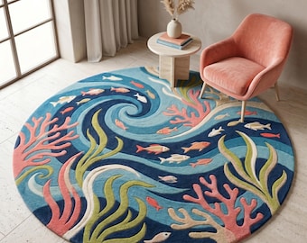 Ocean Theme Round Wool Rug, Coral Reef Kids Room Carpet, Handmade Tufted Blue Area Rug for Coastal Home Decor