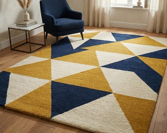 Geometric Triangle Rug, Mustard Blue Tufted Modern Area Rugs For Living Room