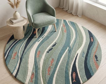 Modern Ocean Kids Rug, Sage Green Round Area Rug, Fish Pattern Nursery Carpet, Soft Plush Playroom Decor