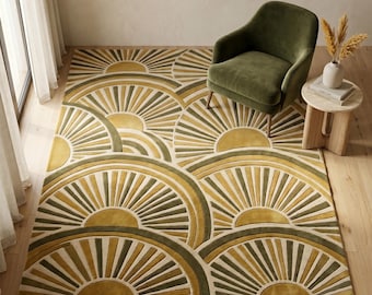 Hand Tufted Wool Rug, Yellow Sunburst Geometric Modern Living Room Rug
