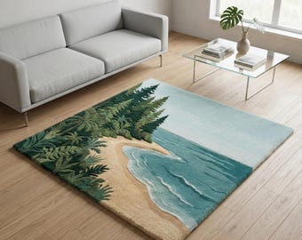Tropical Beach Wool Rug, Green Blue Ocean Coastal Nature Area Rug