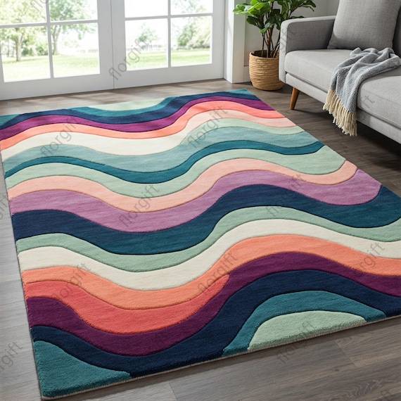 Multicolor Abstract Wavy Lines Hand Tufted Wool Area Rugs for Bedroom, Modern Colorful 9x12 Handmade Living Room Rug, Textured Carpets